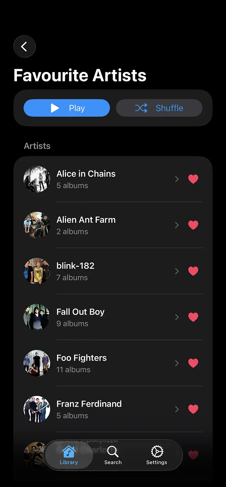 App screenshot of favourite artists