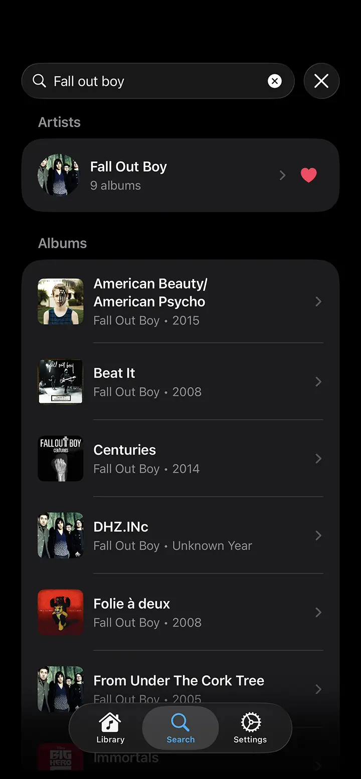 App screenshot of the search page