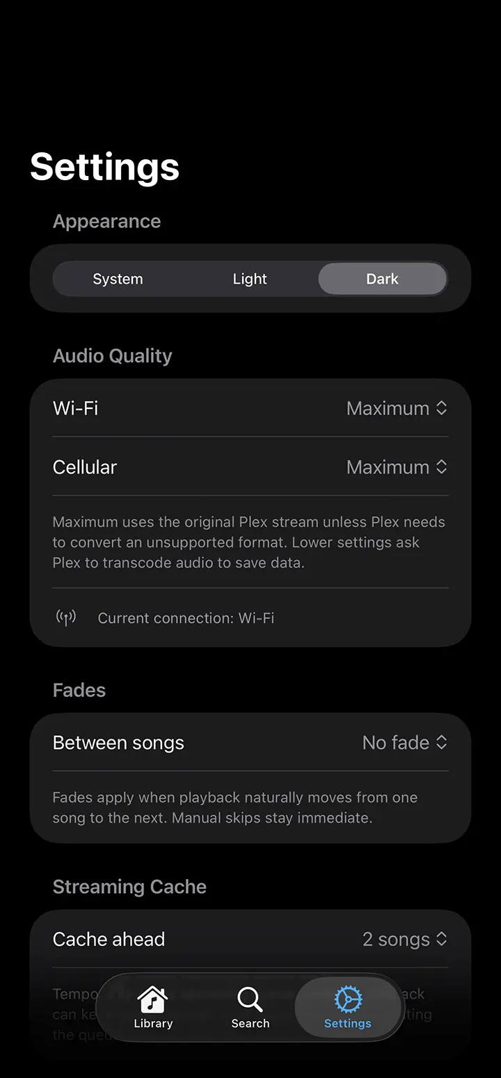 App screenshot of the settings page